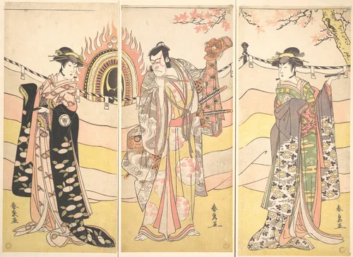Three Actors in Beautiful Costumes Performing a Religious Dance by Katsukawa Shunsen, print, 1775-1795