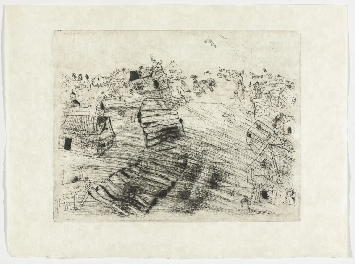 The Village of Pliouchkine (Le Village de Pliouchkine), plate XXXVIII (supplementary suite) from Les Âmes mortes by Marc Chagall, illustrated book, 1923