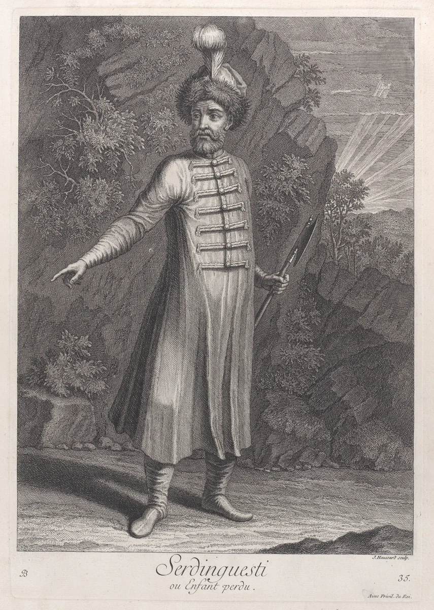 Serdinguesti, ou enfant perdu, plate 35 from "Recueil de cent estampes représentent differentes nations du Levant" by Jean Baptiste Vanmour, print, 1714-1715