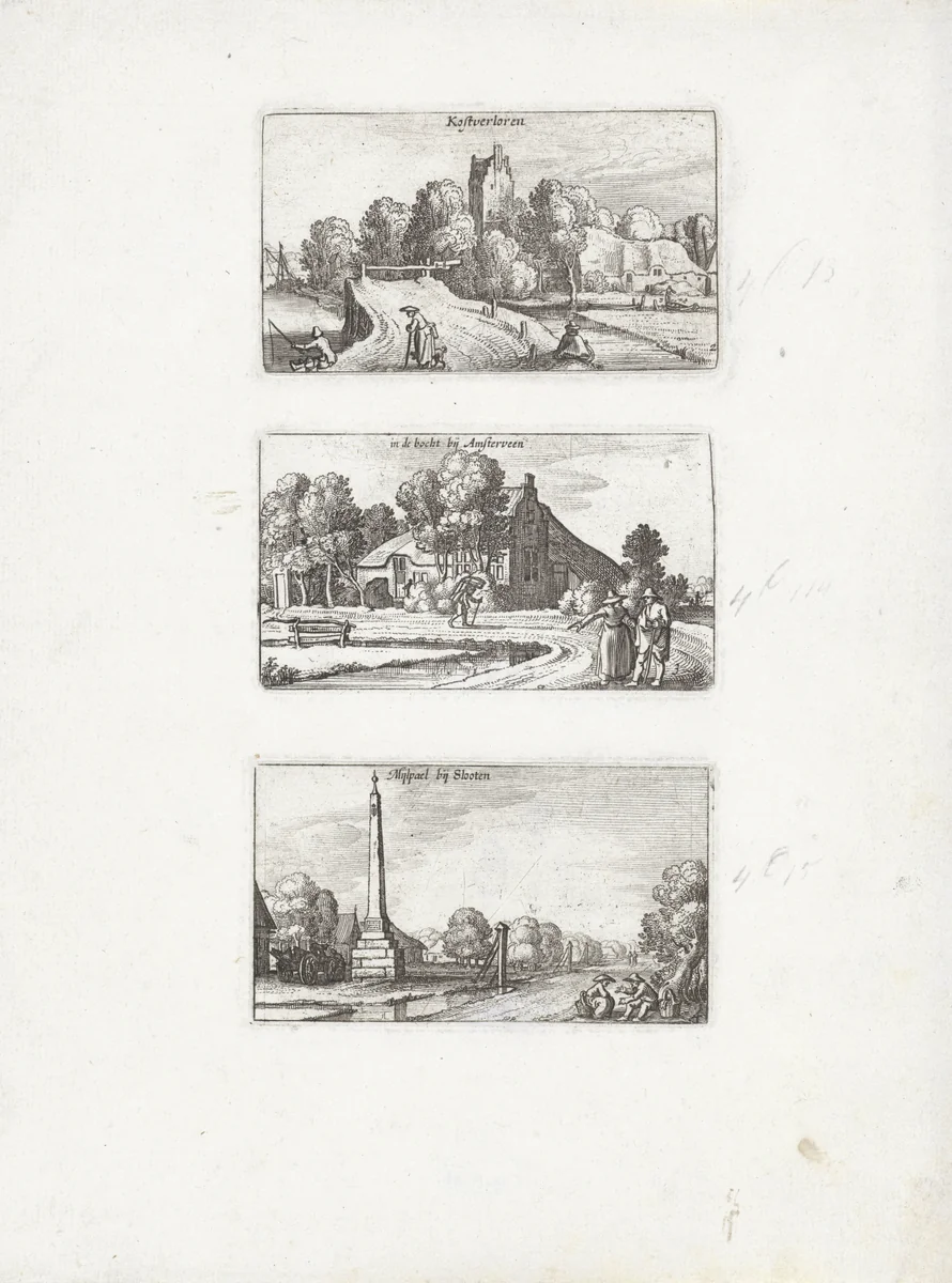 Huis Kostverloren / Landweg bij Amstelveen / Mijlpaal bij Sloten by Claes Jansz Visscher, print, 1612-1652