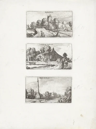 Huis Kostverloren / Landweg bij Amstelveen / Mijlpaal bij Sloten by Claes Jansz Visscher, print, 1612-1652