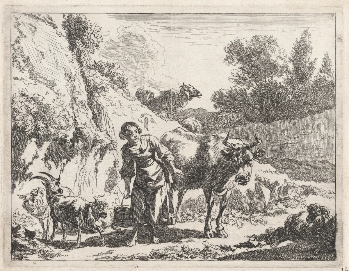 Melkmeisje met een emmer by Jan de Visscher, print, 1643-1670