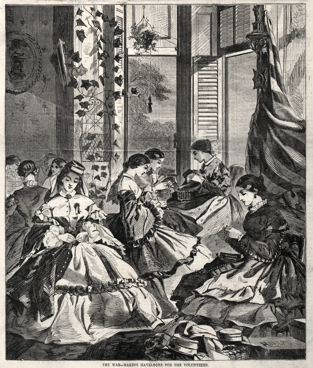 The War - Making Havelocks for the Volunteers by Winslow Homer, print, 1861