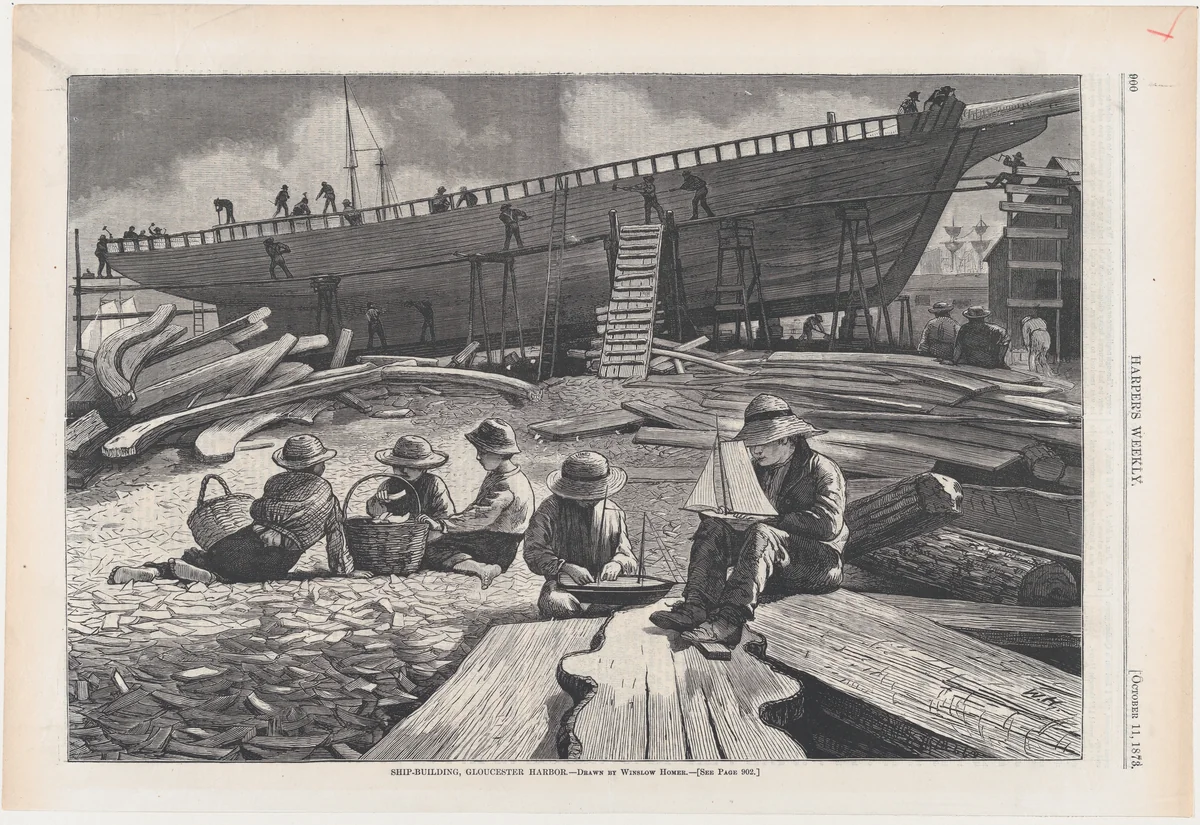 Ship-Building, Gloucester Harbor (from "Harper's Weekly," Vol. XVII) by Winslow Homer, print, 1873