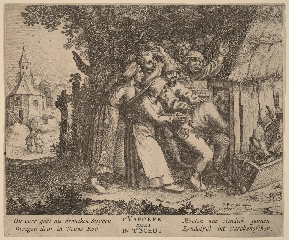 The Drunkard Pushed into the Pig Sty by Pieter Bruegel the Elder, print, 1568