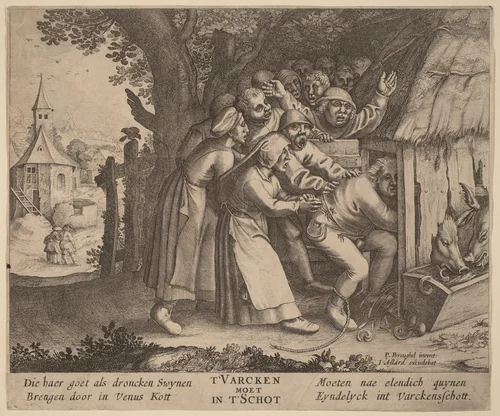 The Drunkard Pushed into the Pig Sty by Pieter Bruegel the Elder, print, 1568