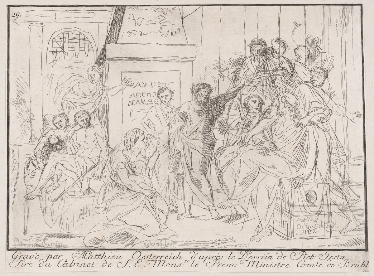 Classical scene of figures gathered around an orator at right (possibly related to healing the lame) by Matthias Oesterreich, print, 1725-1775