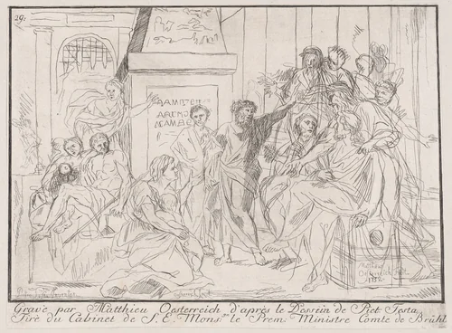 Classical scene of figures gathered around an orator at right (possibly related to healing the lame) by Matthias Oesterreich, print, 1725-1775