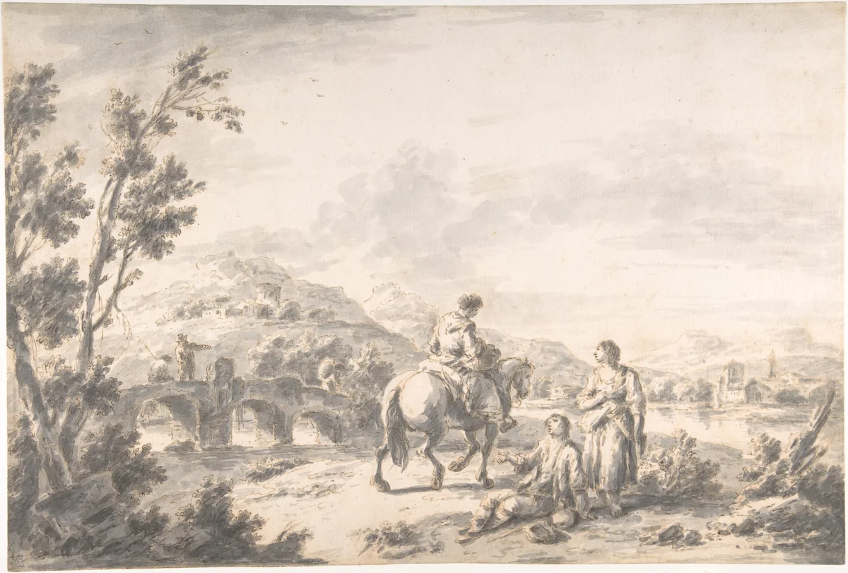 River Landscape with Two Mendicants and Other Figures by Giuseppe Zais, drawing, 1709-1784