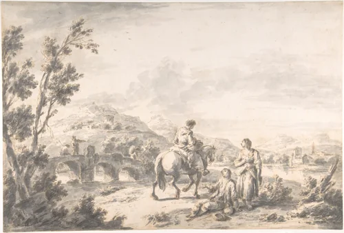 River Landscape with Two Mendicants and Other Figures by Giuseppe Zais, drawing, 1709-1784