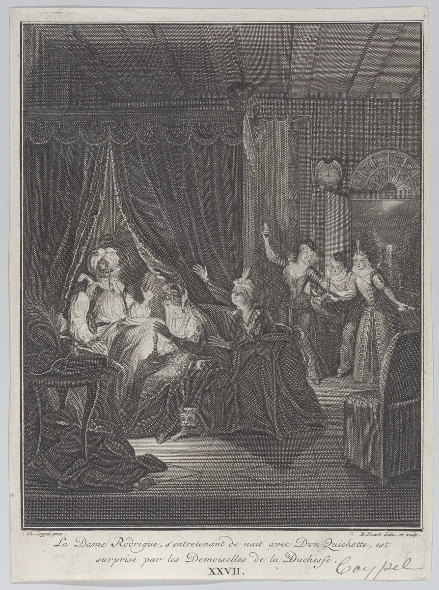 Plate 27: Doña Rodriguez, who is speaking at night with Don Quixote, is surprised by the ladies of the Duchess (La Dame Rodrigue, s'entretenant de nuit avec Don Quichotte, est suprise par les Demoiselles de las Duchesse) by Bernard Picart, print, 1745