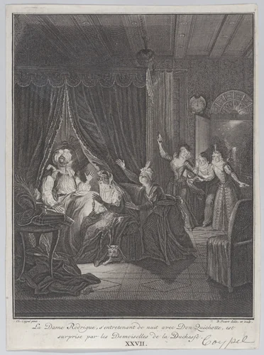 Plate 27: Doña Rodriguez, who is speaking at night with Don Quixote, is surprised by the ladies of the Duchess (La Dame Rodrigue, s'entretenant de nuit avec Don Quichotte, est suprise par les Demoiselles de las Duchesse) by Bernard Picart, print, 1745