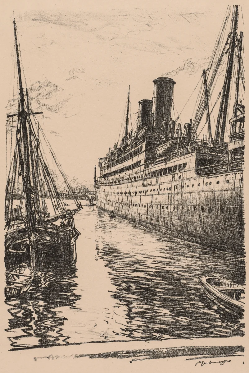 On the Clyde, 1917-1918: The Tuscania at Glasgow by Muirhead Bone, print, 1917-1918