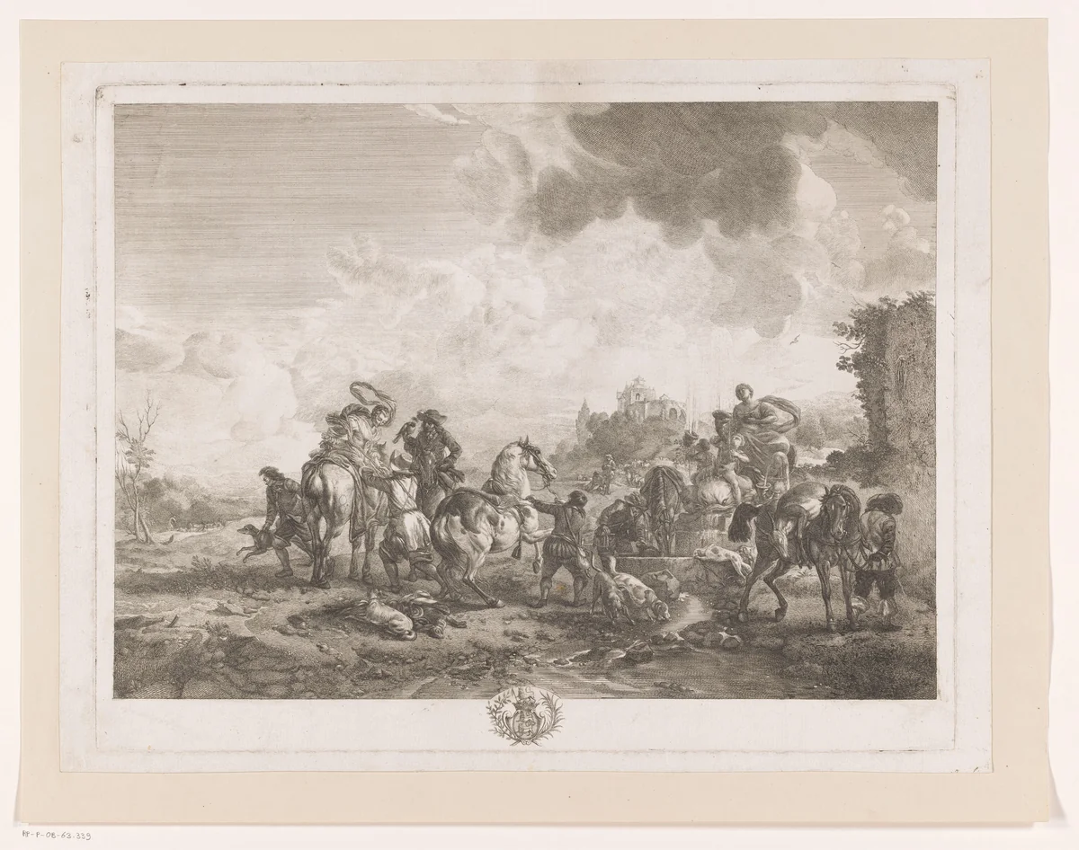 Rustend jachtgezelschap bij een fontein by Jean Moyreau, print, 1750