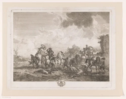 Rustend jachtgezelschap bij een fontein by Jean Moyreau, print, 1750