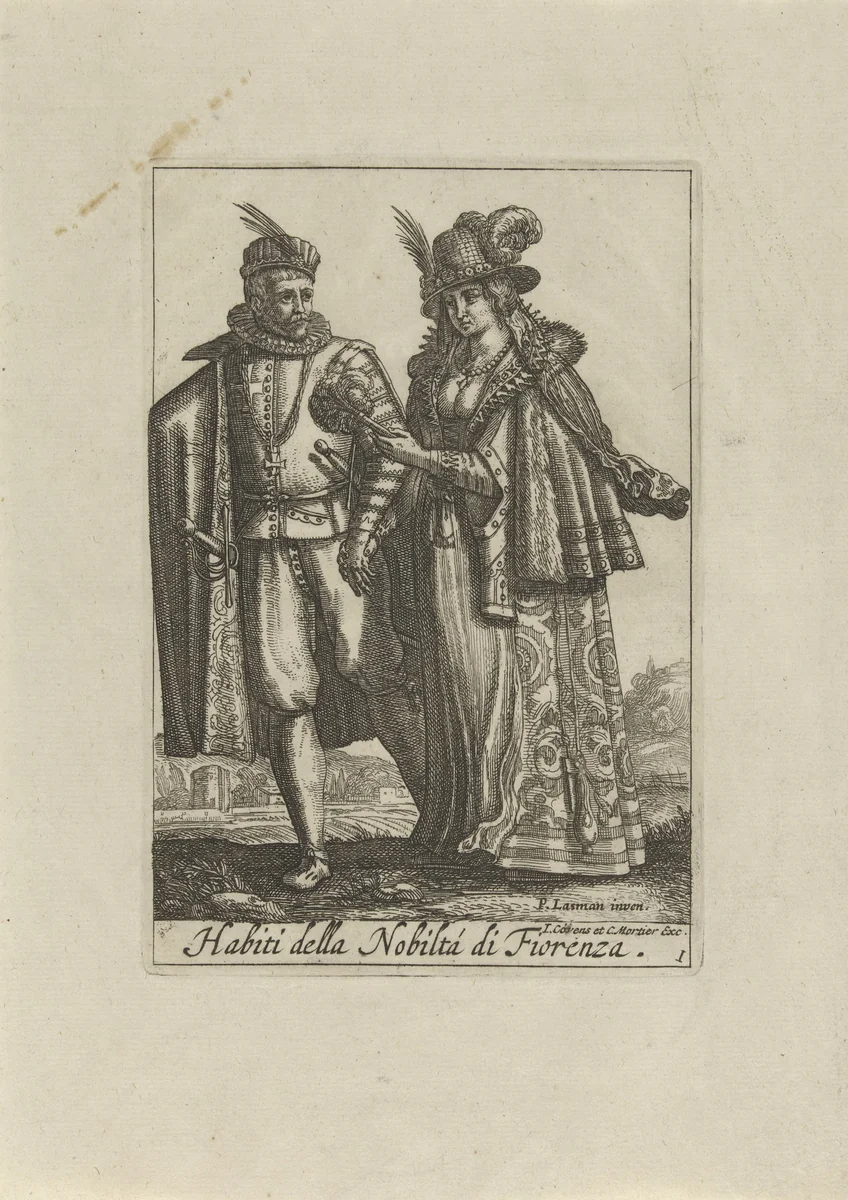 Welgesteld paar gekleed volgens de Florentijnse mode by anonymous, print, 1720-1772
