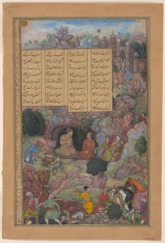 "Alexander Visits the Sage Plato in his Mountain Cave", Folio from a Khamsa (Quintet) of Amir Khusrau Dihlavi by Amir Khusrau, manuscript, 1572-1623