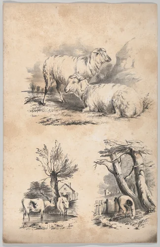 Vignette with two sheep, Vignette with two cows in a pool, and Vignette of a wood-gatherer, in: The New York Drawing Book, Containing a Series of Original Designs and Sketches of American Scenery, No. 2 by Frances Flora Bond Palmer, book, 1847