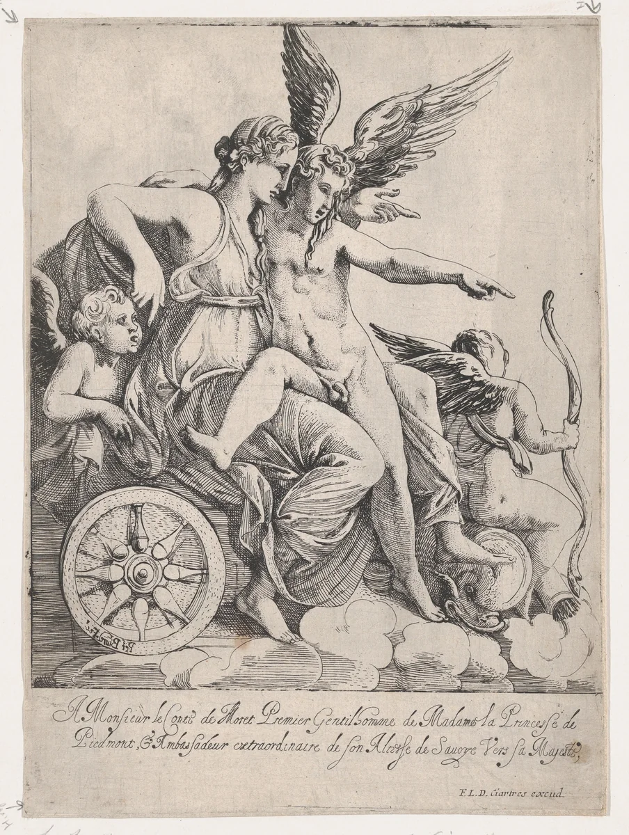 Venus and Cupid on a Chariot by Pierre Biard II, print, 1607-1661