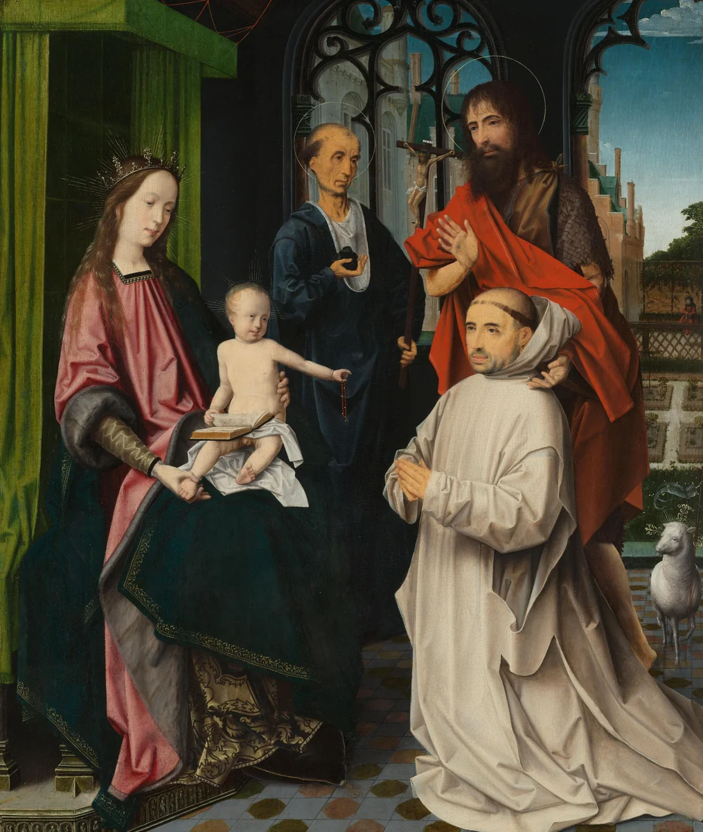 Tronende Maria en Christus, met Sint-Hiëronymus, Johannes de Doper en een kartuizer monnik by Unknown, painting, 1510