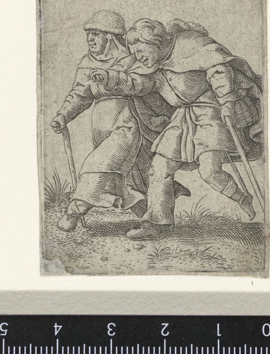Dansende vrouw en blinde man als boeren gekleed by Unknown, print, 1538-1577