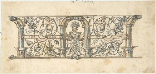 Ornamental design with Grotesques by anonymous, drawing, 1800-1900