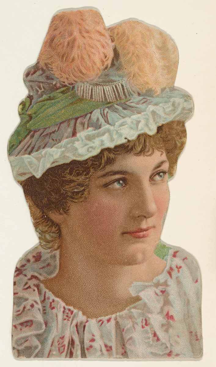 Actress wearing green hat with pink feathers, from Stars of the Stage, Fourth Series (N132) issued by Duke Sons & Co. to promote Honest Long Cut Tobacco by W. Duke, Sons & Co., print, 1892-1893