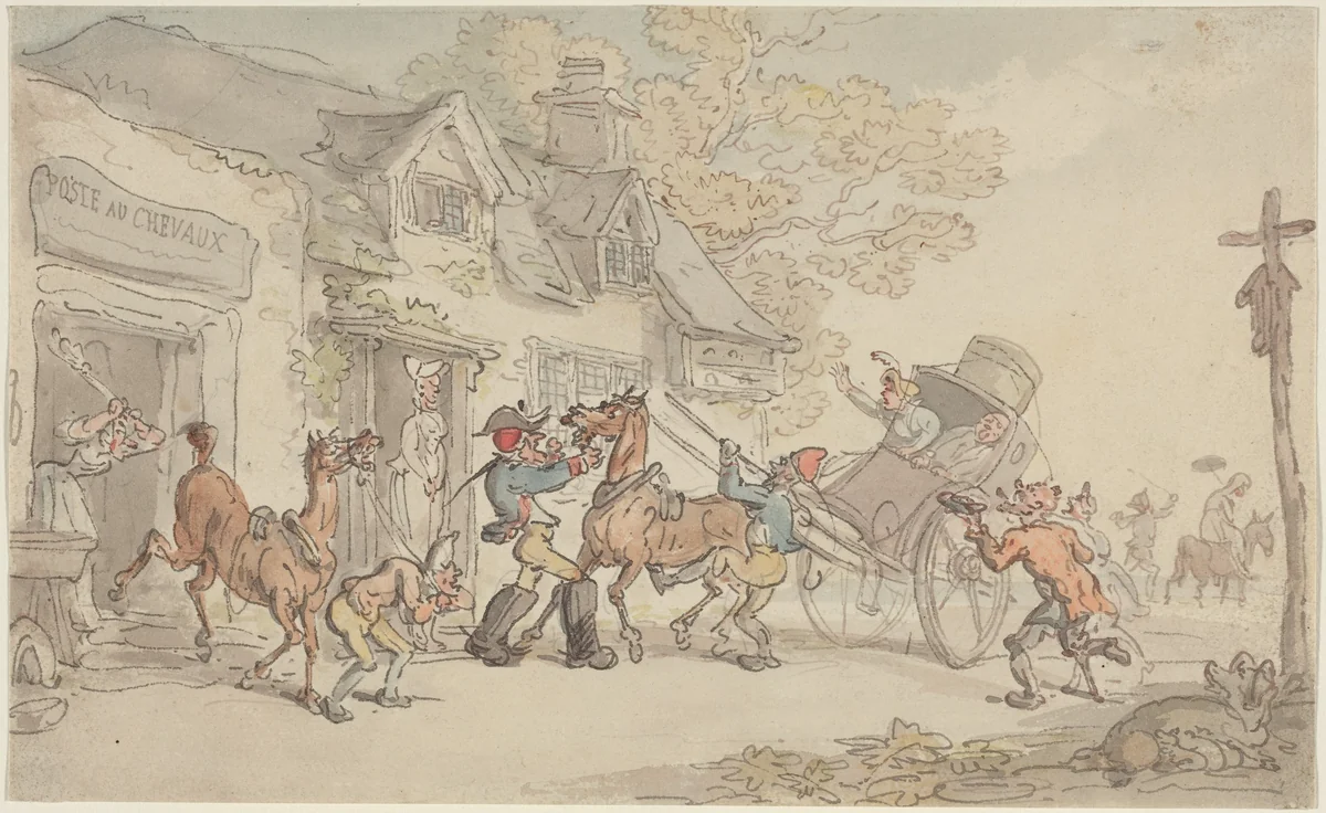 Changing Horses at a Post House in France by Thomas Rowlandson, drawing, 1790