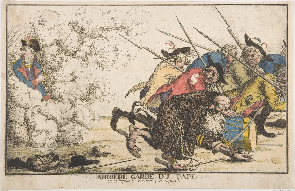 The Pope's Rear Guard or the Fright of the Reverend Father Corporal (Arrière garde du pape, ou la frayeur du reverend pere caporal) by anonymous, print, 1790-1800