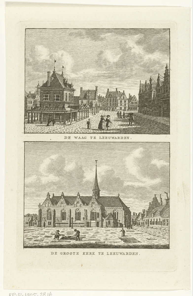 Twee stadsgezichten te Leeuwarden: Waag en Grote Kerk by Carel Frederik Bendorp, print, 1786-1792
