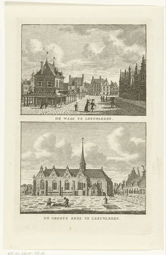 Twee stadsgezichten te Leeuwarden: Waag en Grote Kerk by Carel Frederik Bendorp, print, 1786-1792