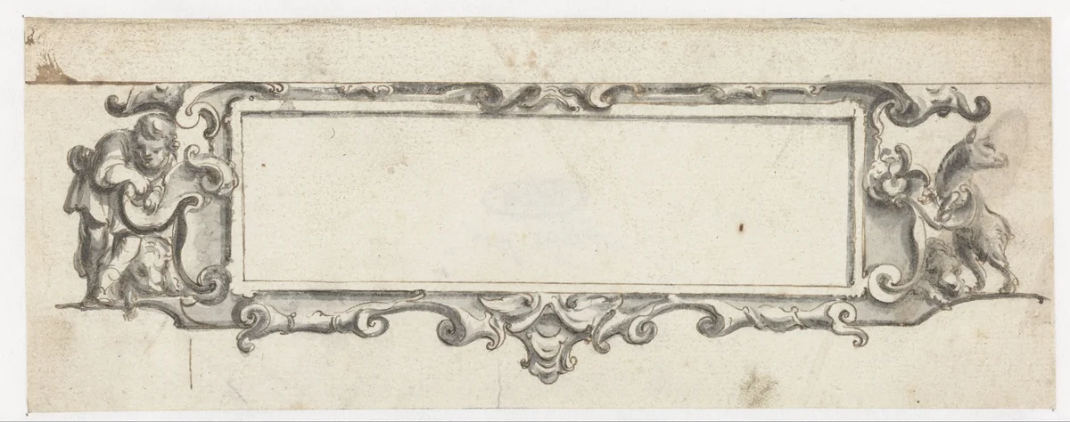 Rechthoekige cartouche met man en dieren by Pieter Jansz, drawing, 1649-1654