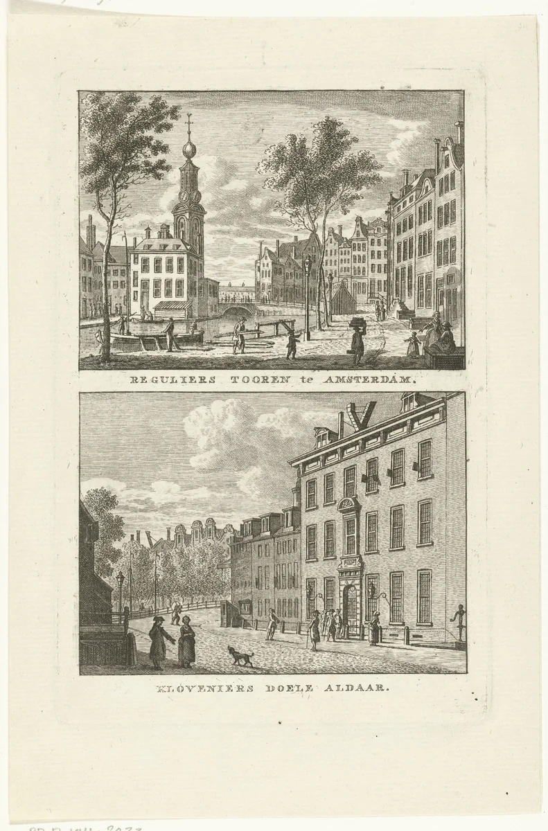 Gezicht op de Munttoren en Kloveniersdoelen te Amsterdam by Carel Frederik Bendorp, print, 1786-1792
