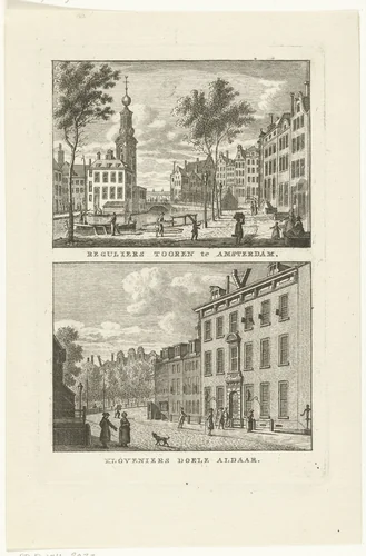 Gezicht op de Munttoren en Kloveniersdoelen te Amsterdam by Carel Frederik Bendorp, print, 1786-1792