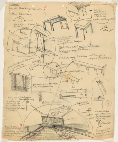 Hadassah University Medical Center, Mount Scopus, Jerusalem, Interior perspective and details of furniture by Erich Mendelsohn, architecture, 1936