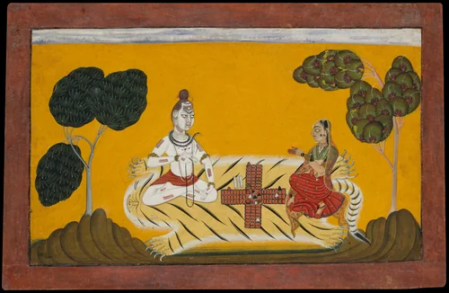 Shiva and Parvati Playing Chaupar: Folio from a Rasamanjari Series by Devidasa, painting, 1694-1695