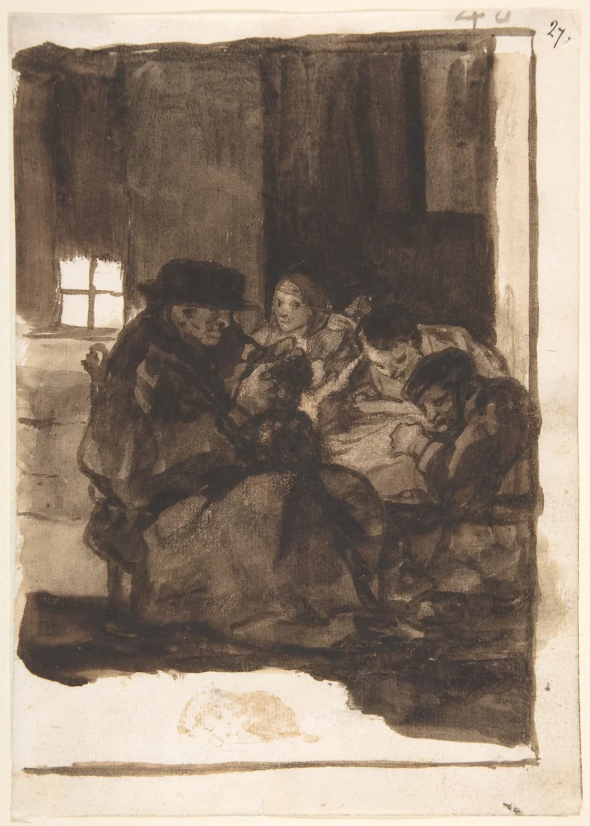 An old man delousing a boy accompanied by three figures, a cat in the foreground; page 40 from the "Images of Spain" Album (F) by Goya, drawing, 1807-1825