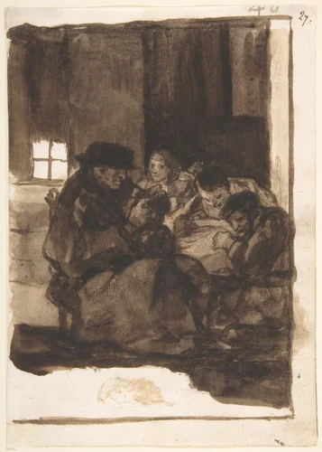 An old man delousing a boy accompanied by three figures, a cat in the foreground; page 40 from the "Images of Spain" Album (F) by Goya, drawing, 1807-1825