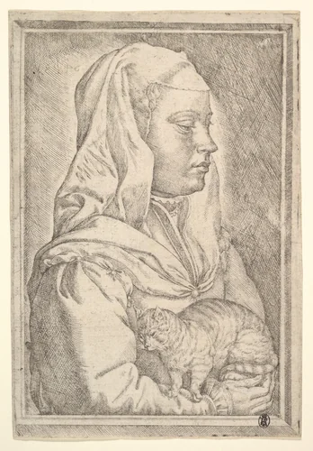 Girl with a Cat by Jan Cornelisz Vermeyen, print, 1546