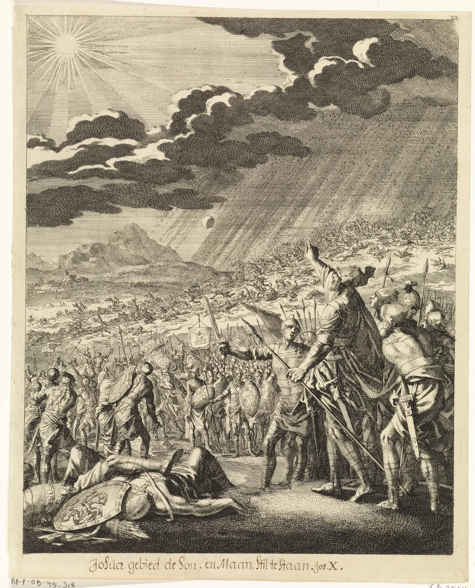Jozua beveelt de zon en de maan stil te staan by Jan Luyken, print, 1708