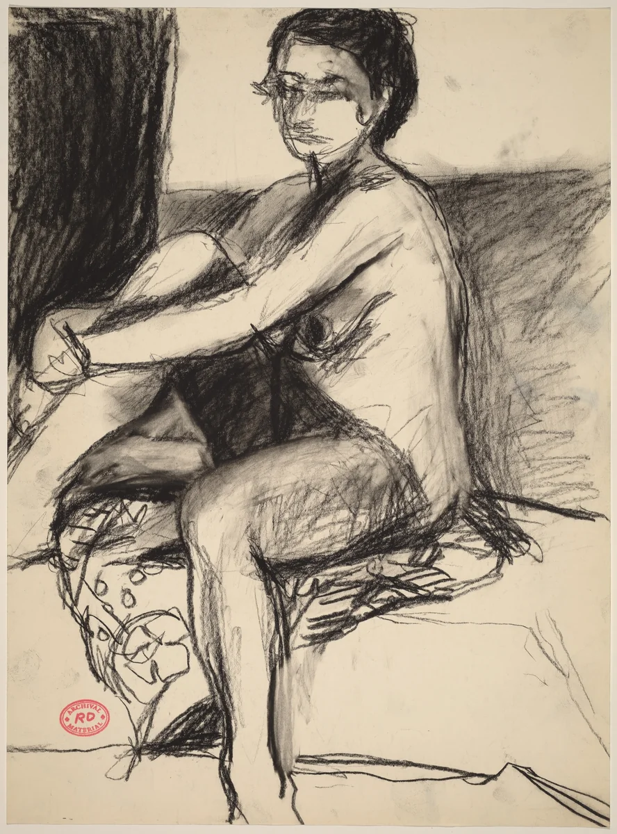 Untitled [female nude seated on a patterned fabric] by Richard Diebenkorn, drawing, 1955-1967