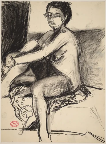 Untitled [female nude seated on a patterned fabric] by Richard Diebenkorn, drawing, 1955-1967