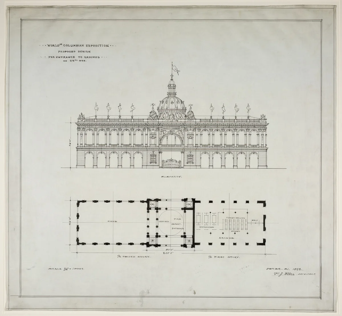 World's Colombian Exposition 64th Street Entrance, Chicago, Illinois, Plan and Elevation by Peter J. Weber, drawing, 1892