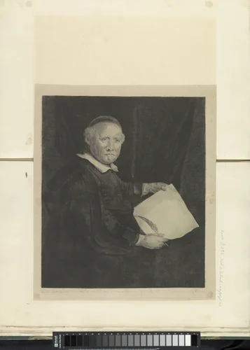 Portret van schrijfmeester Lieven Willemsz. van Coppenol: grote plaat by Pierre François Basan, book, 1750-1797