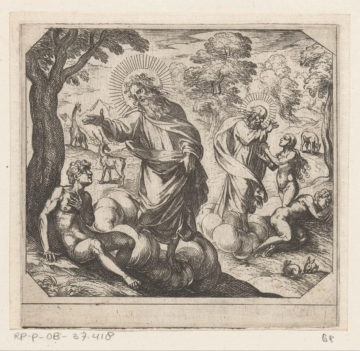 De schepping van Adam en Eva by Antonio Tempesta, print, 1565-1630