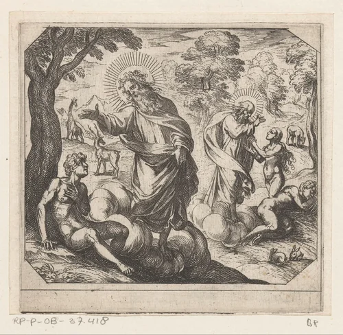 De schepping van Adam en Eva by Antonio Tempesta, print, 1565-1630