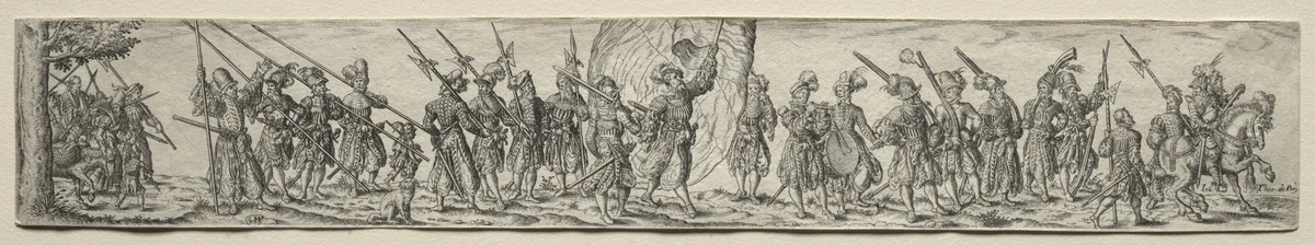 Marching Soldiers, in the Center a Standard Bearer by Johann Theodor de Bry, print, 1584-1623