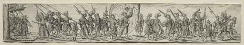 Marching Soldiers, in the Center a Standard Bearer by Johann Theodor de Bry, print, 1584-1623