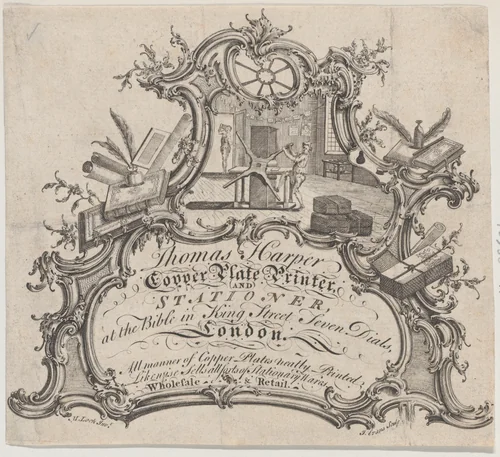 Trade Card for Thomas Harper, Copper Plate Printer and Stationer by anonymous, print, 1700-1800