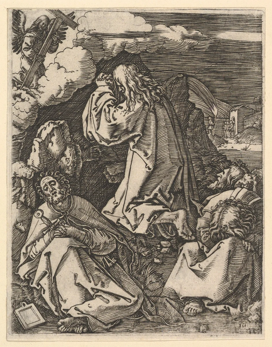 Christ praying on Mount of Olives; Roman soldiers entering through garden gate in far background, from "The Passion of Christ", after Dürer by Marcantonio Raimondi, print, 1495-1539